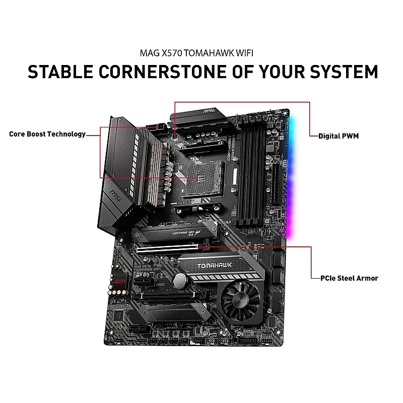 MSI MAG X570 Tomahawk WiFi AMD ATX Gaming Mothearboard with 4 RAM Slots MSI MAG X570 Tomahawk WiFi AMD ATX Gaming Mothearboard with 4 RAM Slots