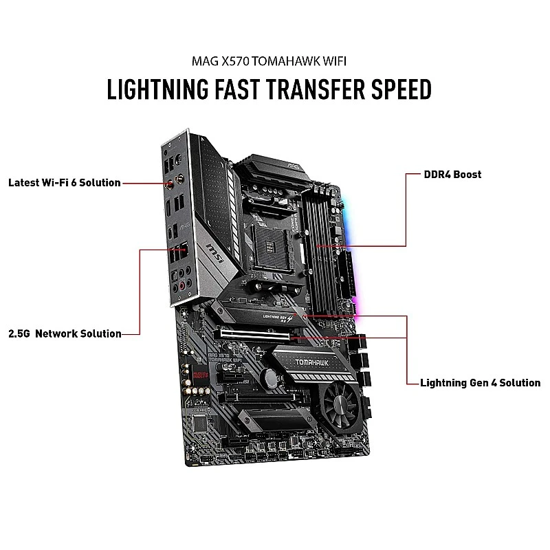 MSI MAG X570 Tomahawk WiFi AMD ATX Gaming Mothearboard with 4 RAM Slots MSI MAG X570 Tomahawk WiFi AMD ATX Gaming Mothearboard with 4 RAM Slots