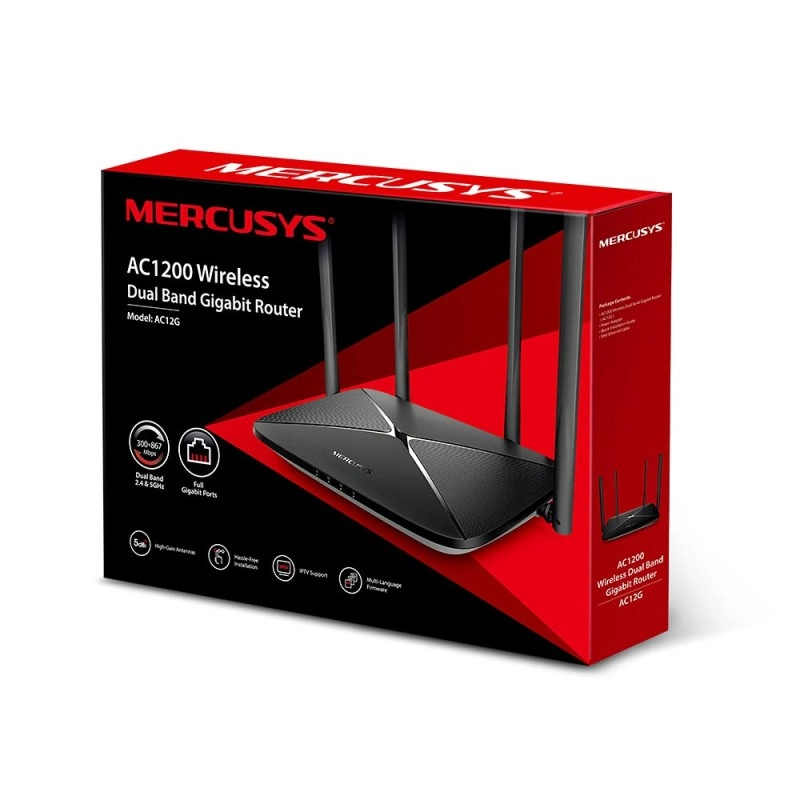 Mercusys AC1200 Wireless Dual Band Gigabit Router AC12G 1200Mbps Wi-Fi WiFi Speed with 4 high gain External Antennas Mercusys AC1200 Wireless Dual Band Gigabit Router AC12G 1200Mbps Wi-Fi WiFi Speed with 4 high gain External Antennas