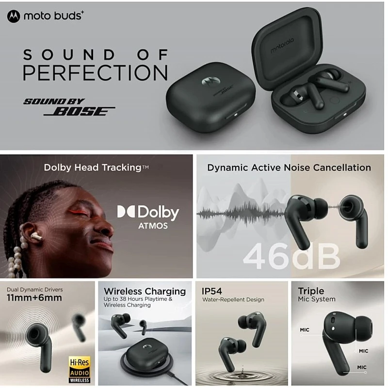 Moto Buds+|Sound by Bose, Dual Dynamic Drivers, 48dB ANC, Head Tracking Bluetooth Headset (Beach Sand, True Wireless) Moto Buds+|Sound by Bose, Dual Dynamic Drivers, 48dB ANC, Head Tracking Bluetooth Headset (Beach Sand, True Wireless)