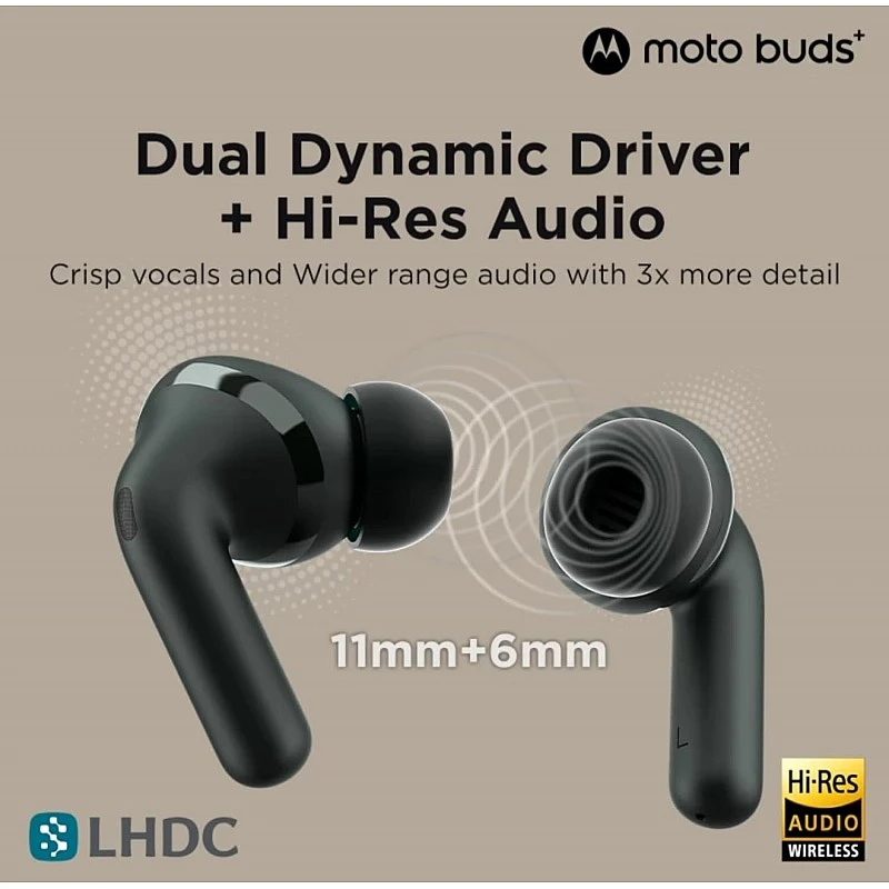 Moto Buds+|Sound by Bose, Dual Dynamic Drivers, 48dB ANC, Head Tracking Bluetooth Headset (Beach Sand, True Wireless) Moto Buds+|Sound by Bose, Dual Dynamic Drivers, 48dB ANC, Head Tracking Bluetooth Headset (Beach Sand, True Wireless)