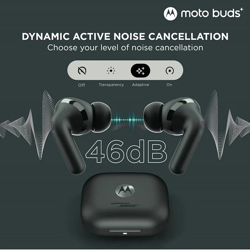 Moto Buds+|Sound by Bose, Dual Dynamic Drivers, 48dB ANC, Head Tracking Bluetooth Headset (Beach Sand, True Wireless) Moto Buds+|Sound by Bose, Dual Dynamic Drivers, 48dB ANC, Head Tracking Bluetooth Headset (Beach Sand, True Wireless)