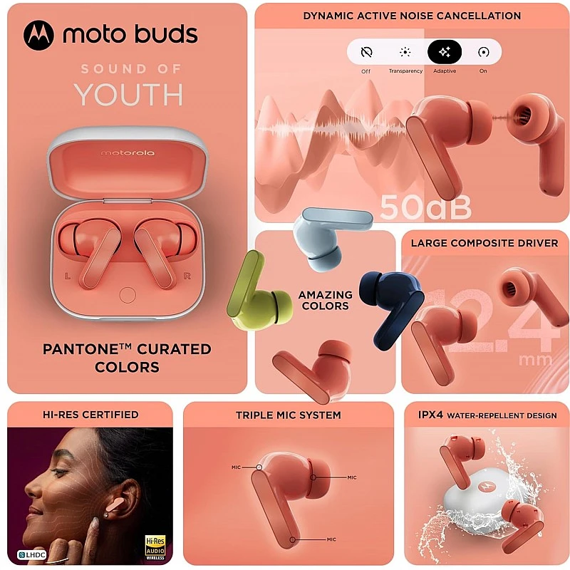 Motorola Moto Buds With Hi-Res Audio,Large 12.4Mm Driver,42 Hrs Playback&Ipx4 Rating Bluetooth In Ear Headset(Coral Peach,True Wireless) Motorola Moto Buds With Hi-Res Audio,Large 12.4Mm Driver,42 Hrs Playback&Ipx4 Rating Bluetooth In Ear Headset(Coral Peach,True Wireless)