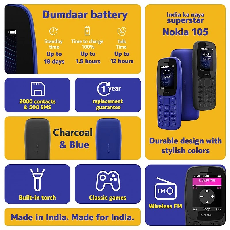 Nokia 105 Dual SIM, Keypad Mobile Phone with Wireless FM Radio Blue Nokia 105 Dual SIM, Keypad Mobile Phone with Wireless FM Radio Blue