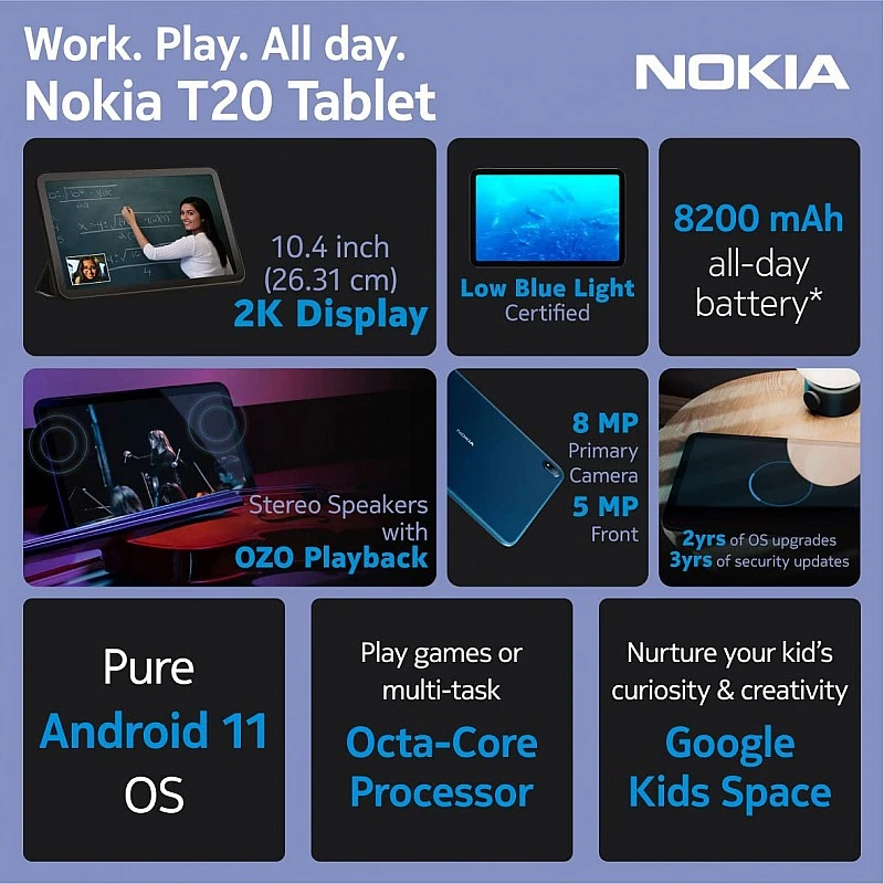 Nokia T20 Tab with 10.36"(26cm) , 8200mAh Battery, Android 11 4G X 64GB Storage Deep Ocean Blue Nokia T20 Tab with 10.36"(26cm) , 8200mAh Battery, Android 11 4G X 64GB Storage Deep Ocean Blue