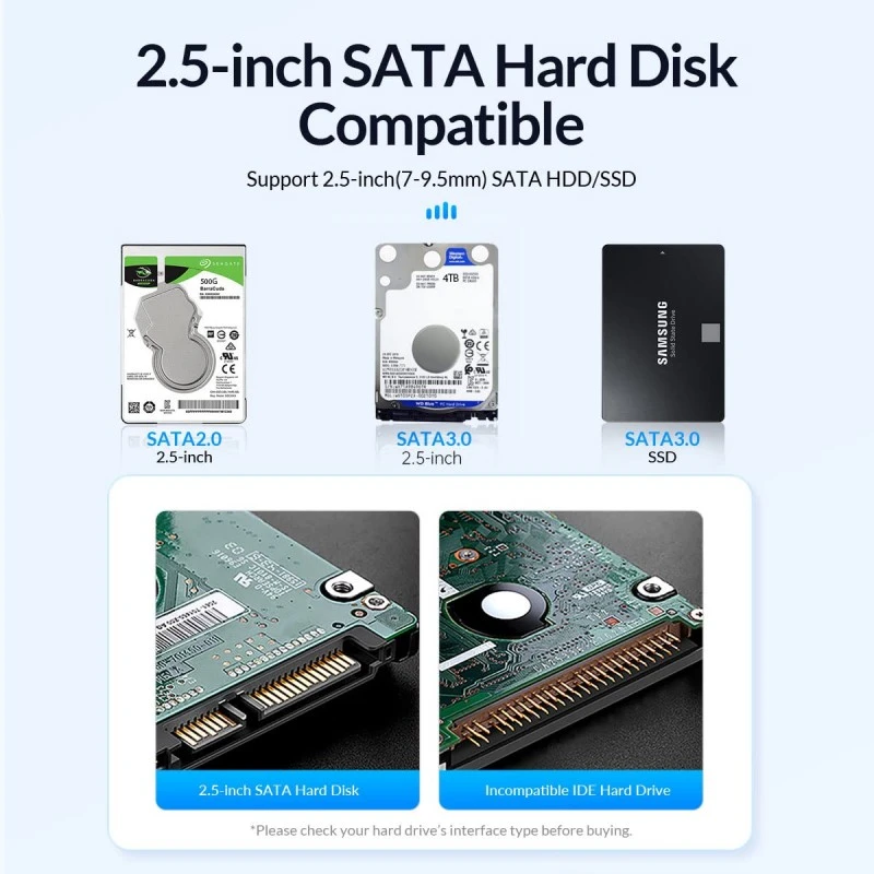 ORICO 2.5'' Hard Drive Enclosure SATA to USB 3.0 HDD Enclosure for 7/9.5mm SSD/HDD Up to 6TB Tool-Free Support UASP-2520U3-BK ORICO 2.5'' Hard Drive Enclosure SATA to USB 3.0 HDD Enclosure for 7/9.5mm SSD/HDD Up to 6TB Tool-Free Support UASP-2520U3-BK