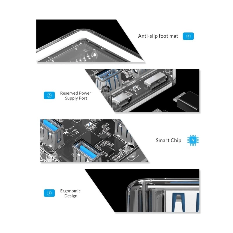 ORICO 4 Ports Hub Transparent USB 3.0 Hub Support Offline Powered and OTG Function with 30CM Cable ORICO 4 Ports Hub Transparent USB 3.0 Hub Support Offline Powered and OTG Function with 30CM Cable