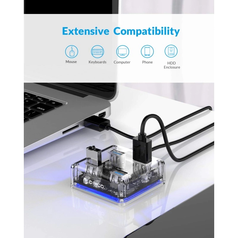 ORICO 4 Ports Hub Transparent USB 3.0 Hub Support Offline Powered and OTG Function with 30CM Cable ORICO 4 Ports Hub Transparent USB 3.0 Hub Support Offline Powered and OTG Function with 30CM Cable