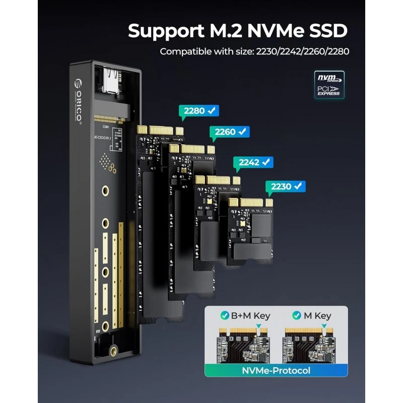 ORICO M.2 NVMe SSD Enclosure, USB 3.1 Gen 2 (10 Gbps) to NVMe PCI-E M.2 SSD Case Support UASP for NVMe SSD Size 2230/2242/2260/2280(up to 4TB) (M.2 NVMe) ORICO M.2 NVMe SSD Enclosure, USB 3.1 Gen 2 (10 Gbps) to NVMe PCI-E M.2 SSD Case Support UASP for NVMe SSD Size 2230/2242/2260/2280(up to 4TB) (M.2 NVMe)