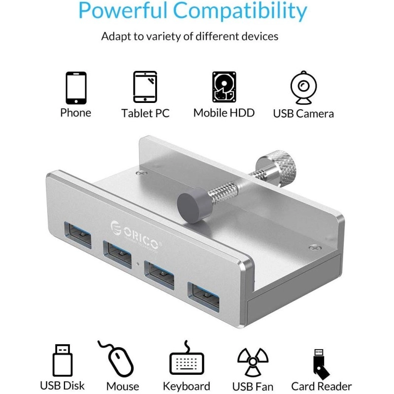 ORICO USB3.0 HUB with Extra Power Supply Port 4 Ports Clip-Type USB HUB Splitter Station for Laptop/Computer Desk-Upgraded Version