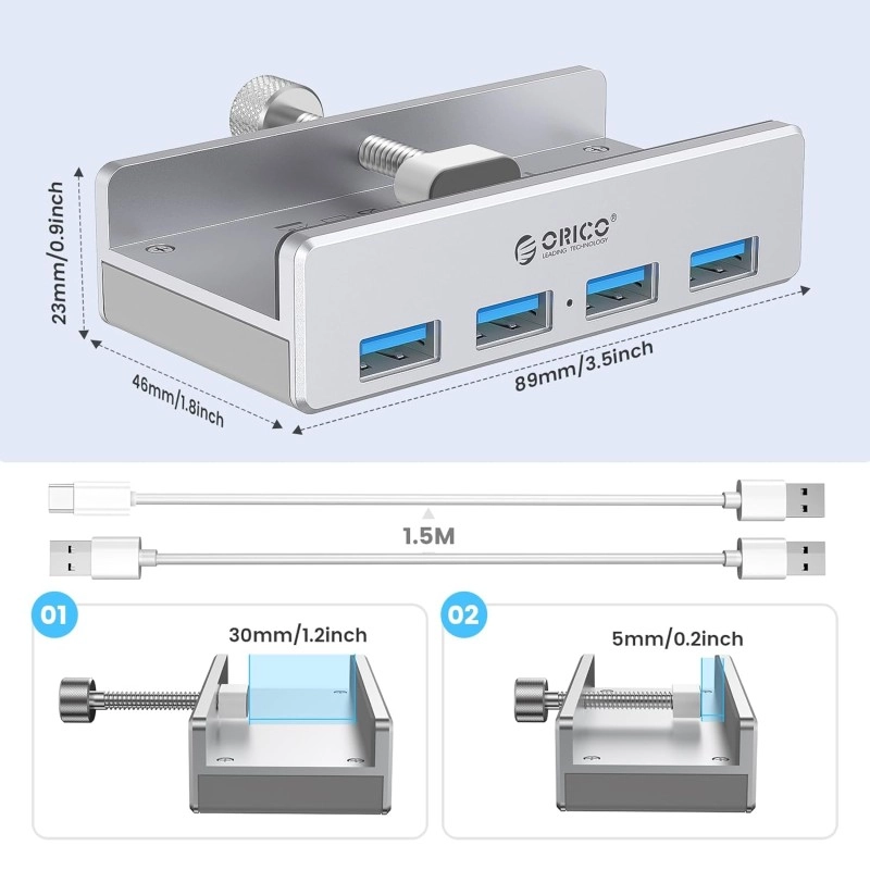ORICO USB3.0 HUB with Extra Power Supply Port 4 Ports Clip-Type USB HUB Splitter Station for Laptop/Computer Desk-Upgraded Version