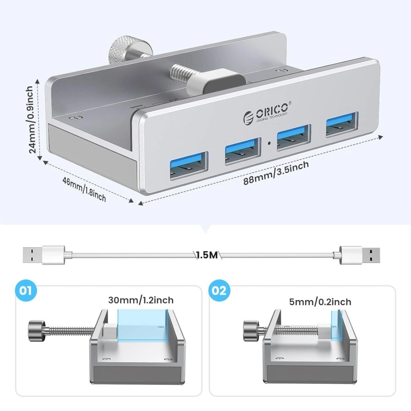 ORICO USB3.0 HUB with Extra Power Supply Port 4 Ports Clip-Type USB HUB Splitter Station for Laptop/Computer Desk-Upgraded Version