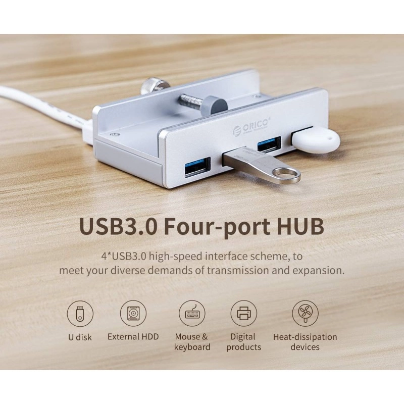 ORICO USB3.0 HUB with Extra Power Supply Port 4 Ports Clip-Type USB HUB Splitter Station for Laptop/Computer Desk-Upgraded Version