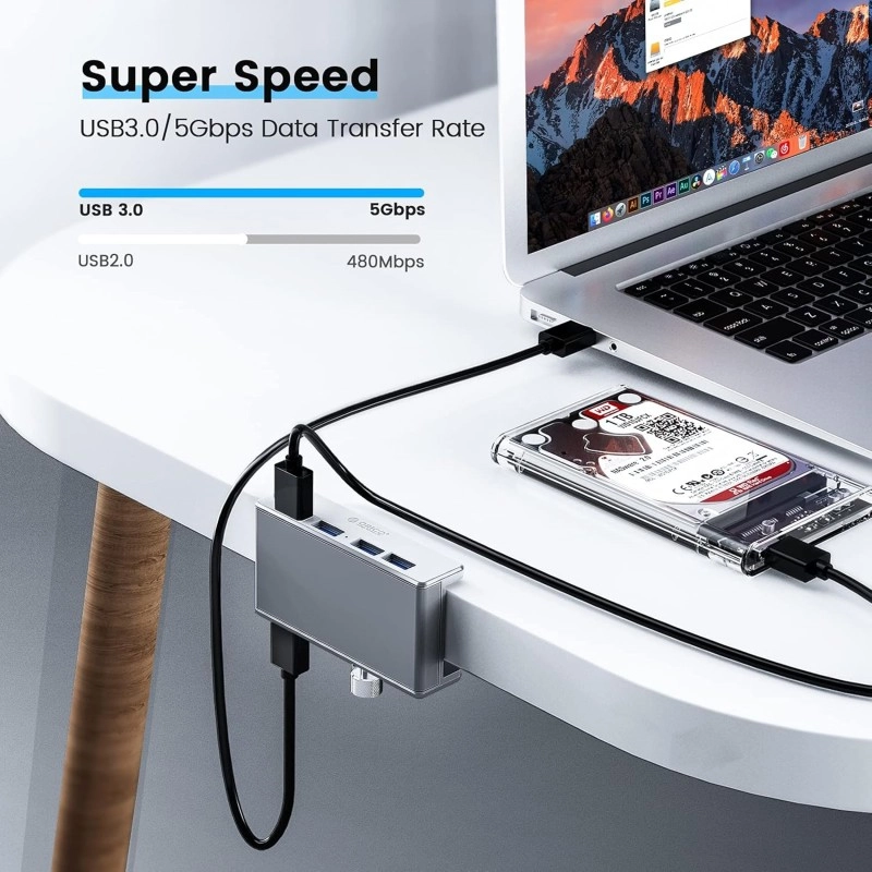 ORICO USB3.0 HUB with Extra Power Supply Port 4 Ports Clip-Type USB HUB Splitter Station for Laptop/Computer Desk-Upgraded Version