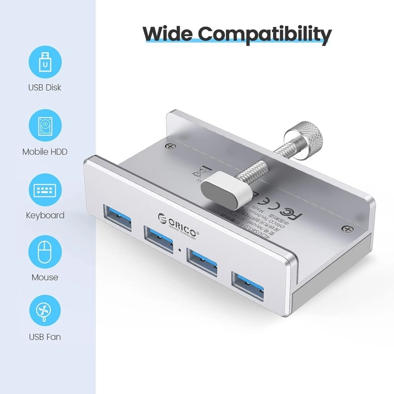 ORICO USB3.0 HUB with Extra Power Supply Port 4 Ports Clip-Type USB HUB Splitter Station for Laptop/Computer Desk-Upgraded Version