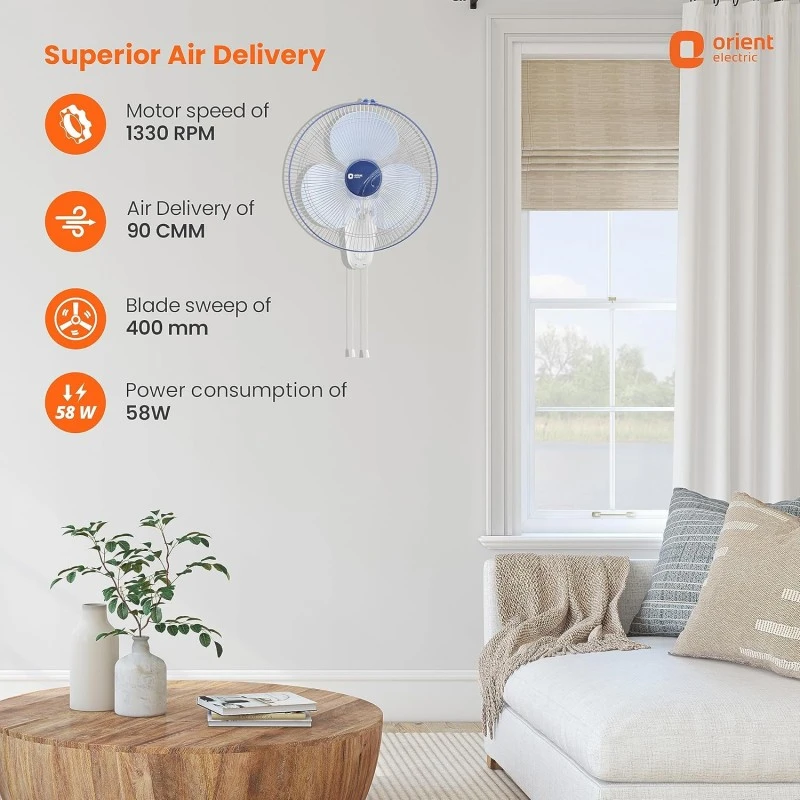 Orient Electric 400 MM Wall-44 Wall Fan | Wall Mount Fan for Home & Kitchen | Powerful Motor with High Air Delivery | Smooth Oscilation, 3-Speed Control | 2 Years Warranty by Orient | Azure Blue Orient Electric 400 MM Wall-44 Wall Fan | Wall Mount Fan for Home & Kitchen | Powerful Motor with High Air Delivery | Smooth Oscilation, 3-Speed Control | 2 Years Warranty by Orient | Azure Blue
