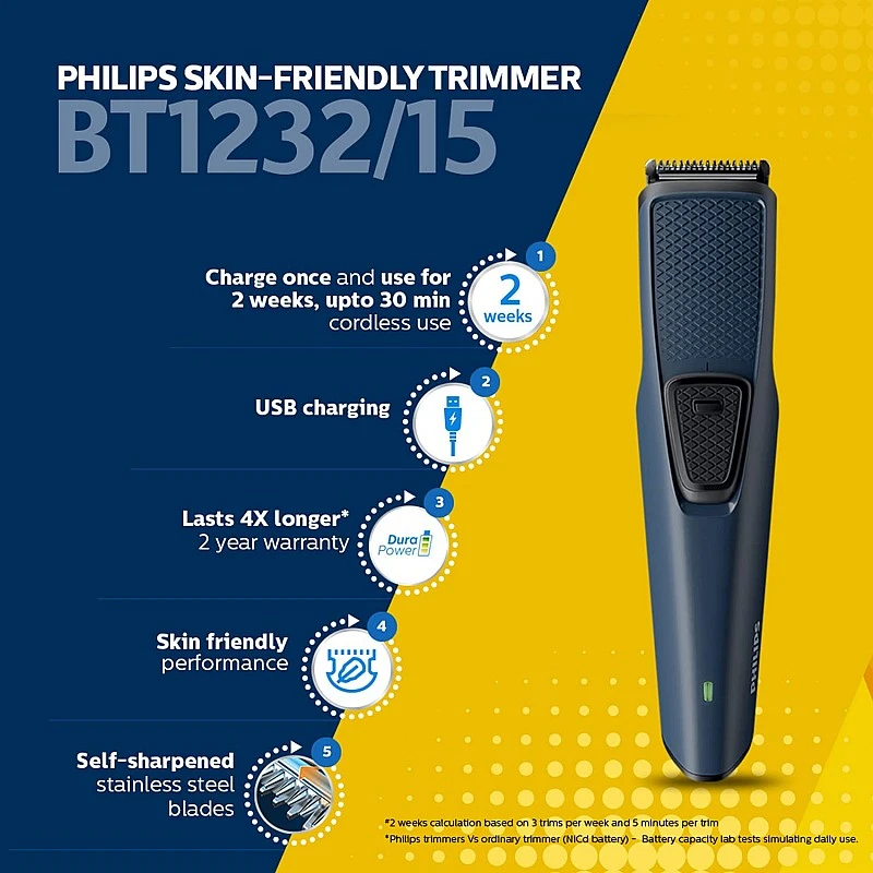 Philips bt1232/15 trimmer 30 mins runtime 3 length settings blue Philips bt1232/15 trimmer 30 mins runtime 3 length settings blue