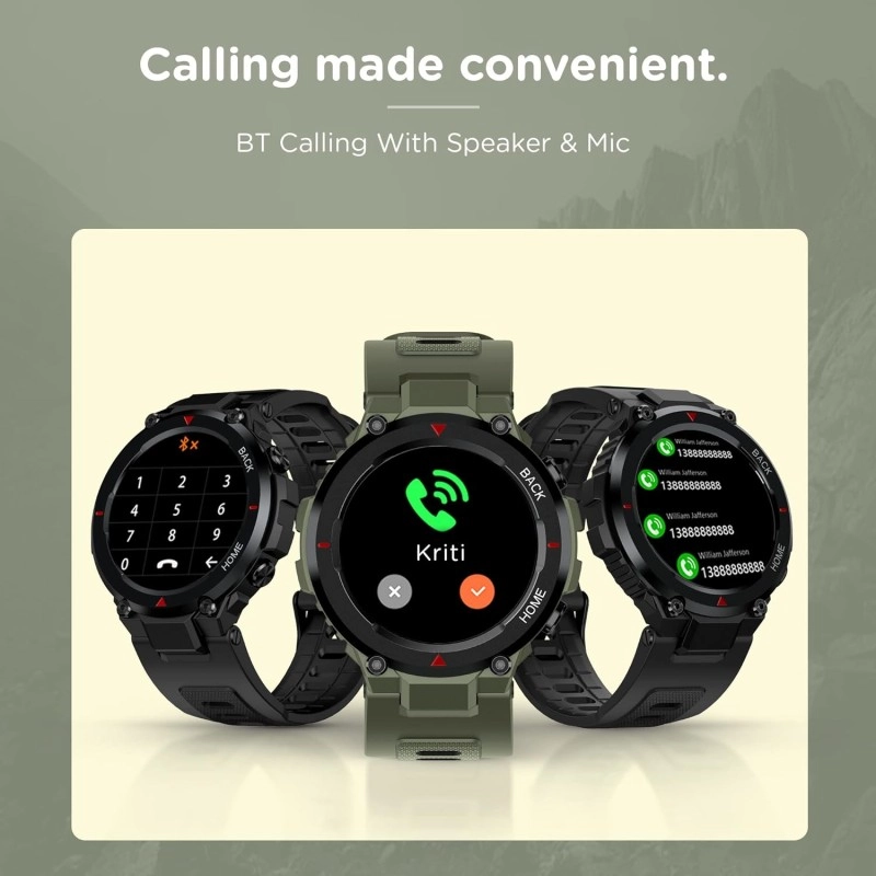 Pebble Leap Rugged Fitness Smartwatch with Bluetooth Calling, 1.3 inches HD Display, Inbuilt Oximeter, Heart Rate, Multiple Sports Modes IP68 Waterproof, 10 Days Battery Life (PFB16 Military Green)