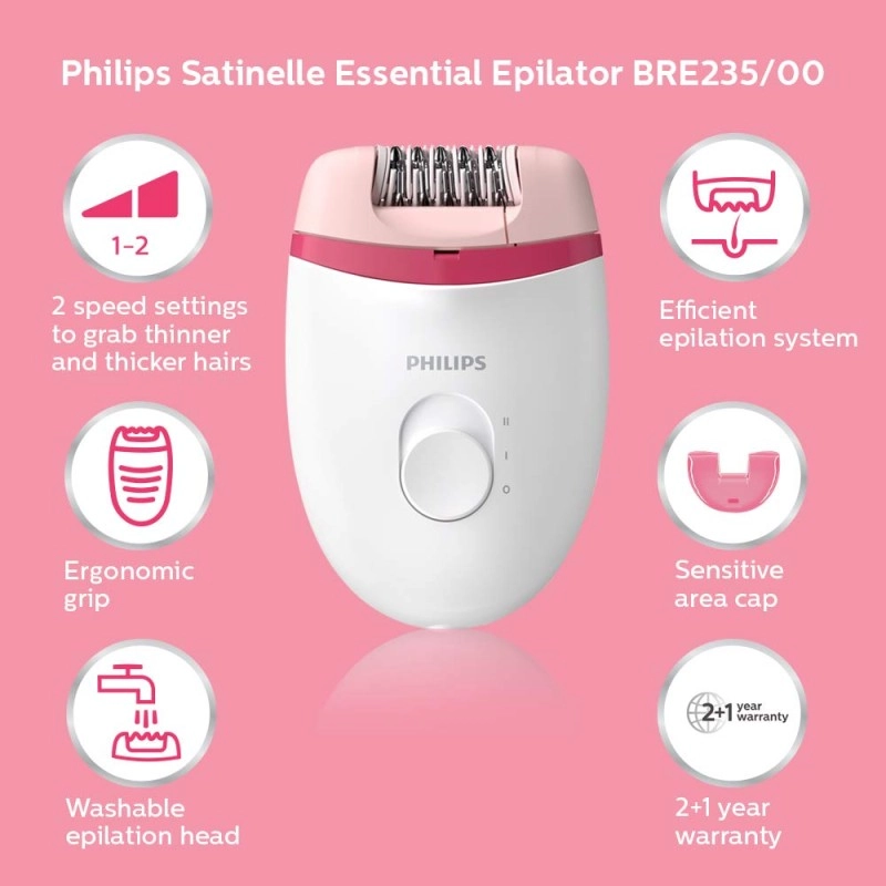 Philips BRE235/00 Corded Compact Epilator (White and Pink) for gentle hair removal at home Philips BRE235/00 Corded Compact Epilator (White and Pink) for gentle hair removal at home