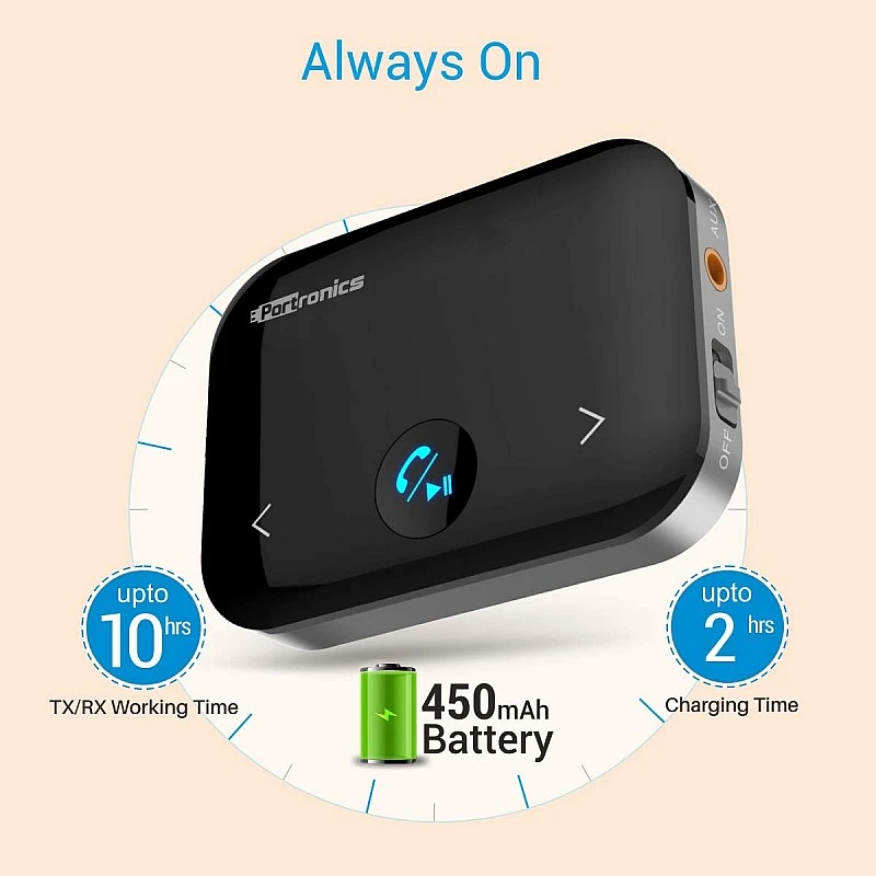 Portronics Auto 14 2-in-1 Bluetooth Transmitter & Receiver Adaptor (Black) Portronics Auto 14 2-in-1 Bluetooth Transmitter & Receiver Adaptor (Black)
