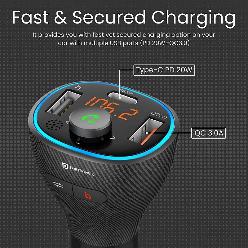 Portronics Auto 15 Bluetooth - FM Transmitter in-Car Fast Charger Black Portronics Auto 15 Bluetooth - FM Transmitter in-Car Fast Charger Black