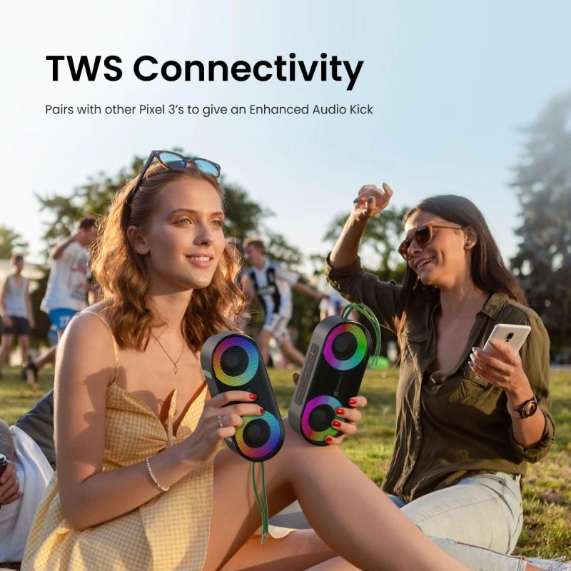 Portronics Pixel 3 20W Portable Wireless Bluetooth Speaker with Upto 7Hour Playtime, TWS Connectivity, RGB Lights, FM, AUX,TF Card & USB Drive, IPX7 Water Resistant, Type C Charging Port(Black) Portronics Pixel 3 20W Portable Wireless Bluetooth Speaker with Upto 7Hour Playtime, TWS Connectivity, RGB Lights, FM, AUX,TF Card & USB Drive, IPX7 Water Resistant, Type C Charging Port(Black)