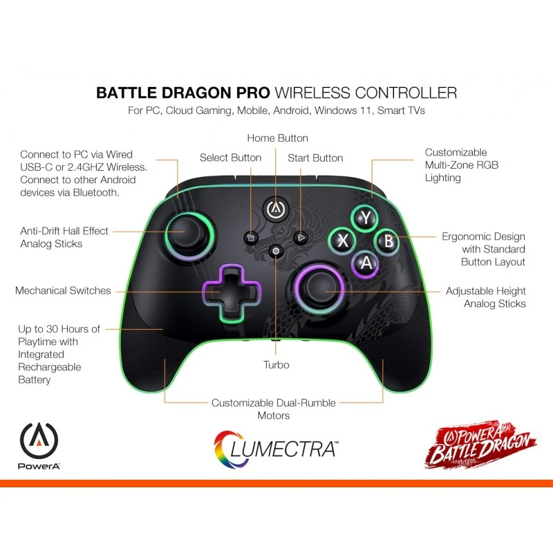 PowerA Battle Dragon™ Wireless Controller for PC and Cloud Gaming: Magnetic Hall Effect, Asymmetric Rumble Motors, 20h Playtime (Not for iOS)