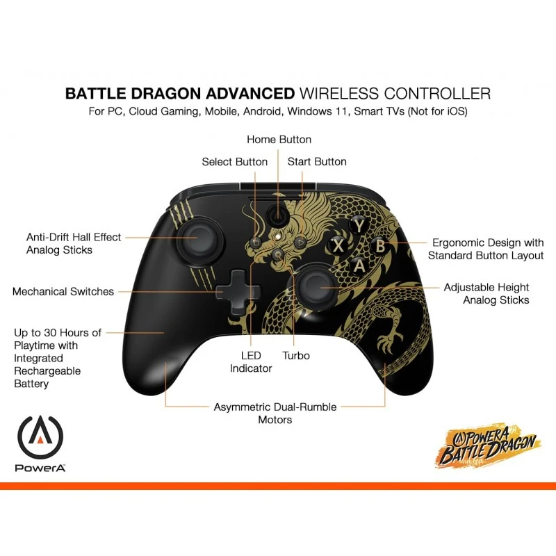 PowerA Battle Dragon™ Wireless Controller for PC and Cloud Gaming: Magnetic Hall Effect, Asymmetric Rumble Motors, 20h Playtime (Not for iOS)