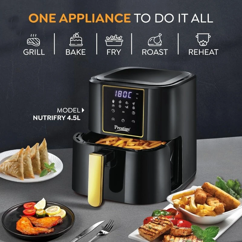 Prestige Nutrifry Electric Digital Air Fryer| 80% less Oil Consumption|4.5L Capacity |1200 Watts Power|Fry,Grill,Roast,Bake,Reheat|Digital Display with 8 Preset Menu|Easy to Clean Frying Basket|Black Prestige Nutrifry Electric Digital Air Fryer| 80% less Oil Consumption|4.5L Capacity |1200 Watts Power|Fry,Grill,Roast,Bake,Reheat|Digital Display with 8 Preset Menu|Easy to Clean Frying Basket|Black