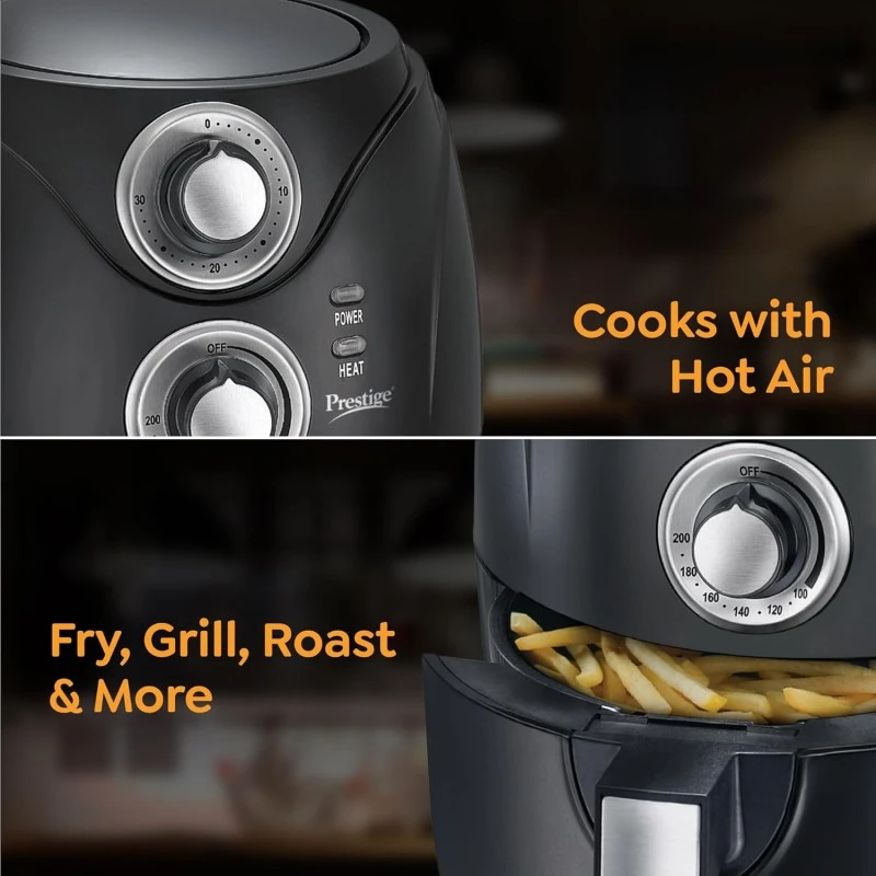 Prestige Nutrifry Electric Digital Air Fryer| 80% less Oil Consumption|4.5L Capacity |1200 Watts Power|Fry,Grill,Roast,Bake,Reheat|Digital Display with 8 Preset Menu|Easy to Clean Frying Basket|Black Prestige Nutrifry Electric Digital Air Fryer| 80% less Oil Consumption|4.5L Capacity |1200 Watts Power|Fry,Grill,Roast,Bake,Reheat|Digital Display with 8 Preset Menu|Easy to Clean Frying Basket|Black