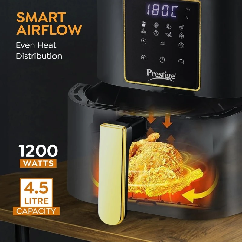 Prestige Nutrifry Electric Digital Air Fryer| 80% less Oil Consumption|4.5L Capacity |1200 Watts Power|Fry,Grill,Roast,Bake,Reheat|Digital Display with 8 Preset Menu|Easy to Clean Frying Basket|Black Prestige Nutrifry Electric Digital Air Fryer| 80% less Oil Consumption|4.5L Capacity |1200 Watts Power|Fry,Grill,Roast,Bake,Reheat|Digital Display with 8 Preset Menu|Easy to Clean Frying Basket|Black