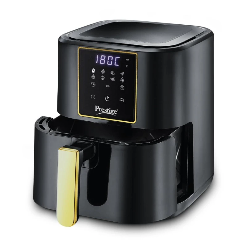 Prestige Nutrifry Electric Digital Air Fryer| 80% less Oil Consumption|4.5L Capacity |1200 Watts Power|Fry,Grill,Roast,Bake,Reheat|Digital Display with 8 Preset Menu|Easy to Clean Frying Basket|Black Prestige Nutrifry Electric Digital Air Fryer| 80% less Oil Consumption|4.5L Capacity |1200 Watts Power|Fry,Grill,Roast,Bake,Reheat|Digital Display with 8 Preset Menu|Easy to Clean Frying Basket|Black