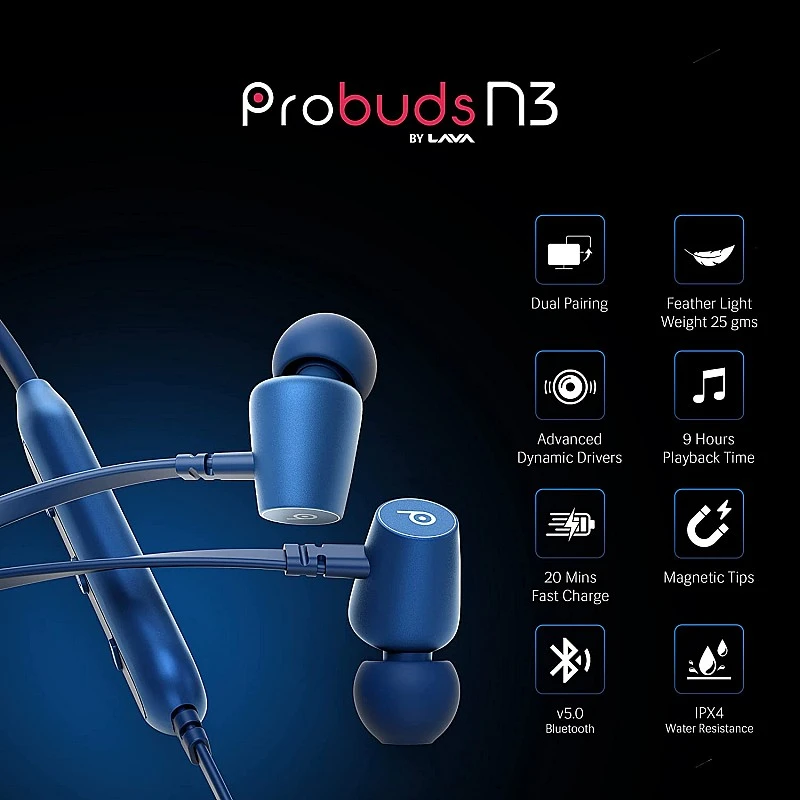 Probuds N3 by Lava Bluetooth Wireless in Ear Neckband Earphone with Mic Long Lasting Battery Blue Probuds N3 by Lava Bluetooth Wireless in Ear Neckband Earphone with Mic Long Lasting Battery Blue