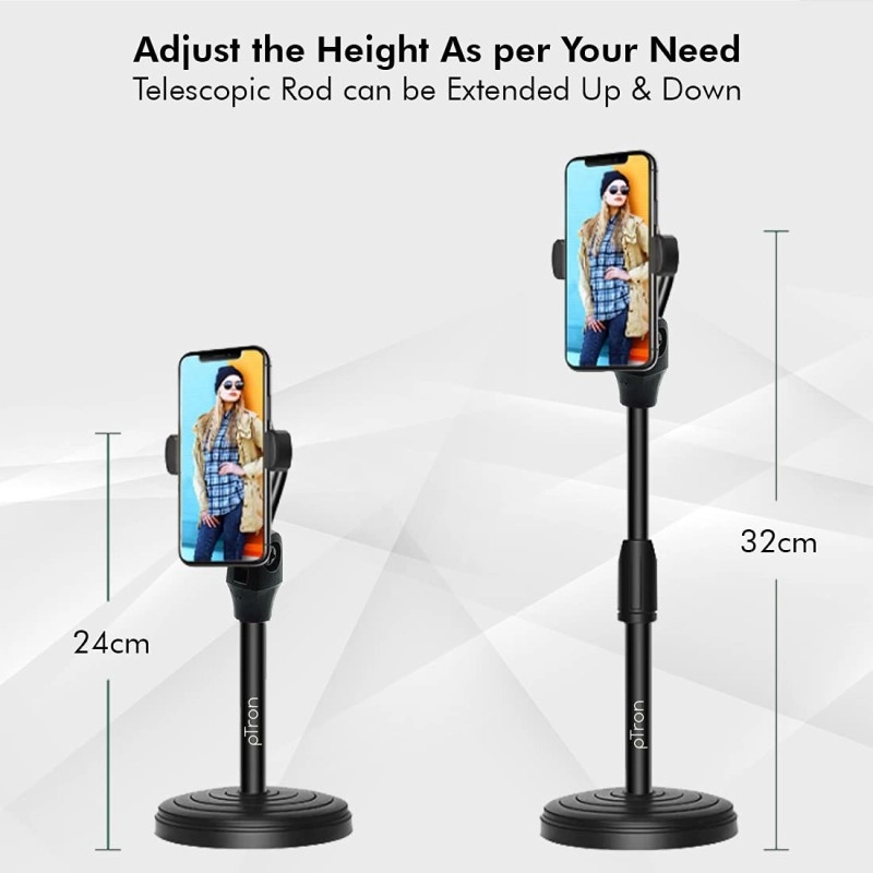Ptron Mount Dsm1 360° Rotating Mobile Phone Desktop Stand, 24Cm-32Cm Adjustable Height, Sturdy & Stable Microphone Style Design, Lightweight, Portable & Easy Install (Black) Tabletop