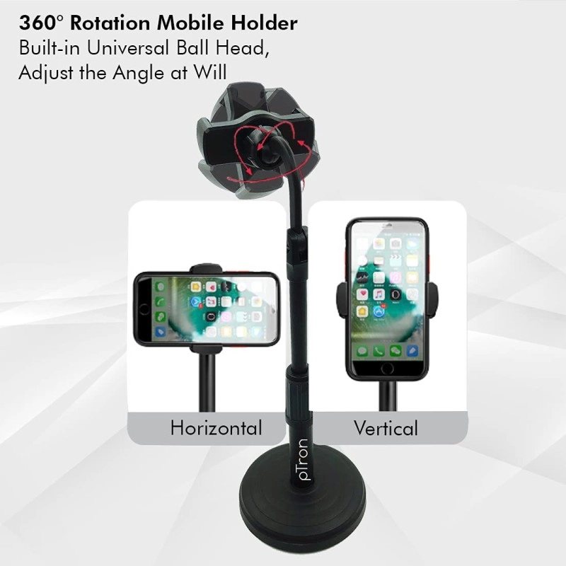 Ptron Mount Dsm1 360° Rotating Mobile Phone Desktop Stand, 24Cm-32Cm Adjustable Height, Sturdy & Stable Microphone Style Design, Lightweight, Portable & Easy Install (Black) Tabletop