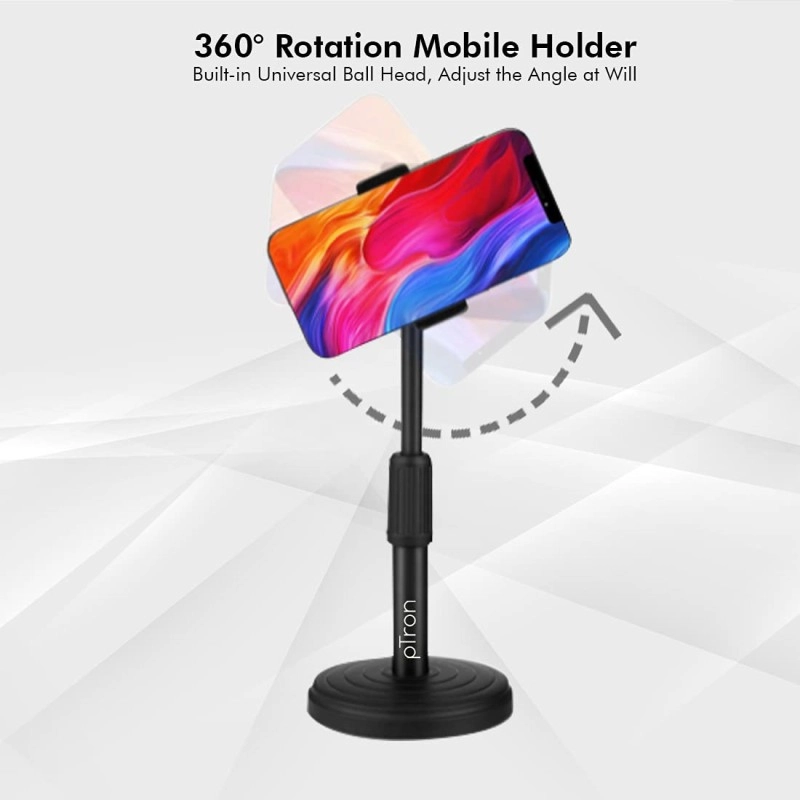 Ptron Mount Dsm1 360° Rotating Mobile Phone Desktop Stand, 24Cm-32Cm Adjustable Height, Sturdy & Stable Microphone Style Design, Lightweight, Portable & Easy Install (Black) Tabletop