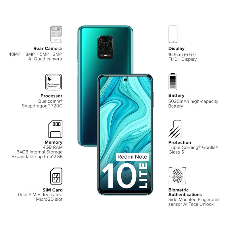 Redmi Note 10 Lite Aurora Blue 4GB RAM 128GB Storage (Refurbished)