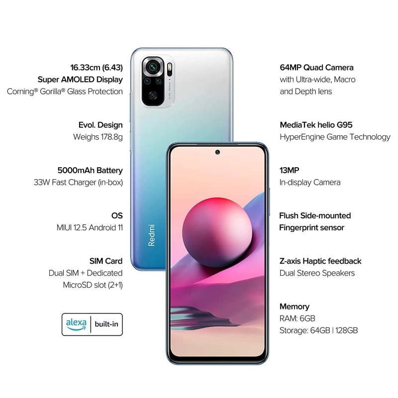 Redmi Note 10S (Deep Sea Blue, 8GB RAM,128 GB Storage) - Super Amoled Display Redmi Note 10S (Deep Sea Blue, 8GB RAM,128 GB Storage) - Super Amoled Display