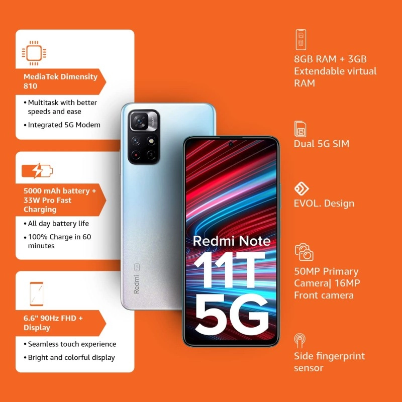 Redmi Note 11T 5G (Stardust White, 8GB RAM, 128GB ROM) (Seal Pack)
