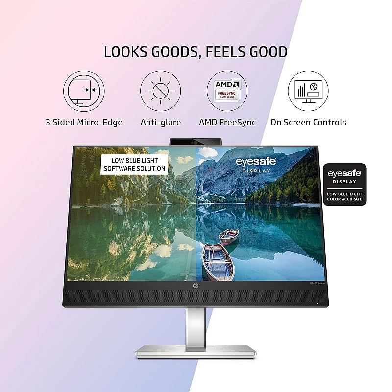 HP M24 23.8-inch(60.45 cm) FHD IPS 3-Sided Micro-Edge Screen, Eyesafe Certified,AMD FreeSync, 5 MP Webcam,75Hz, 99% sRGB,Flicker Free, 1xHDMI 1.4, 300 nits(459J4AA), M24 Webcam Monitor, Black HP M24 23.8-inch(60.45 cm) FHD IPS 3-Sided Micro-Edge Screen, Eyesafe Certified,AMD FreeSync, 5 MP Webcam,75Hz, 99% sRGB,Flicker Free, 1xHDMI 1.4, 300 nits(459J4AA), M24 Webcam Monitor, Black