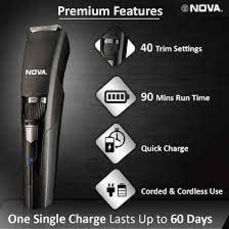 NOVA NHT 1052 USB Trimmer 90 min Runtime 40 Length Settings (Black) NOVA NHT 1052 USB Trimmer 90 min Runtime 40 Length Settings (Black)