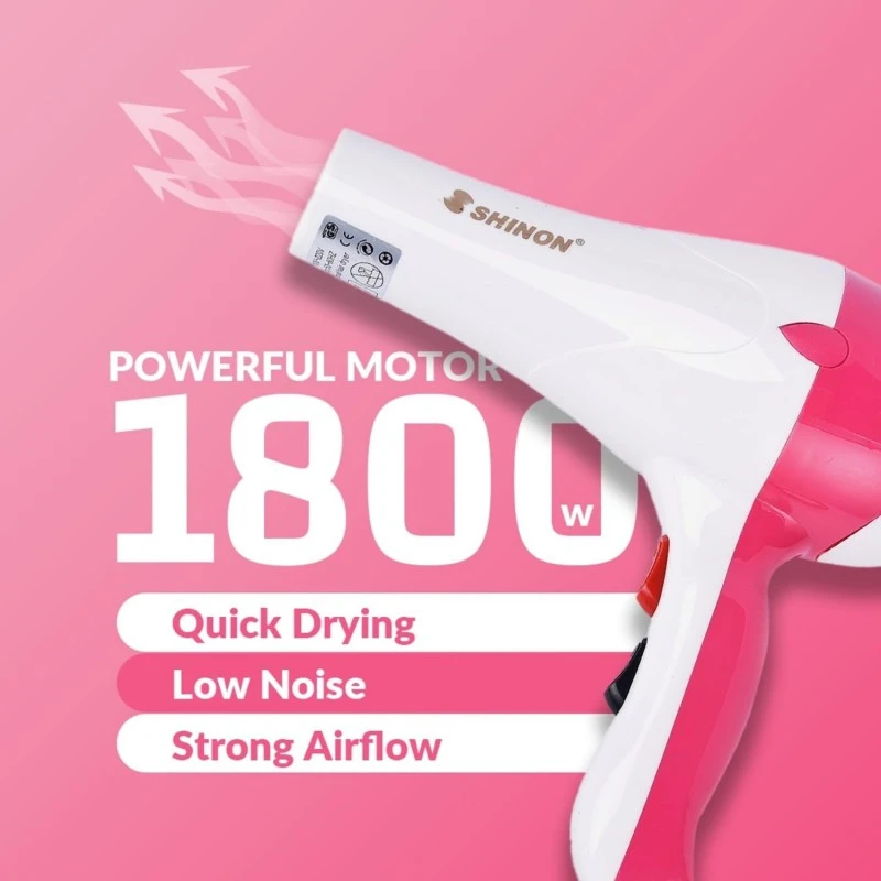 SHINON SH-898 Professional Hair Dryer 1800 Watt, 3 Heat Setting, 2 Speed Settings, Overheating Protection Styling Tool/Hair Dryer Professional Hair Dryer with cool & hot Air, Pink SHINON SH-898 Professional Hair Dryer 1800 Watt, 3 Heat Setting, 2 Speed Settings, Overheating Protection Styling Tool/Hair Dryer Professional Hair Dryer with cool & hot Air, Pink