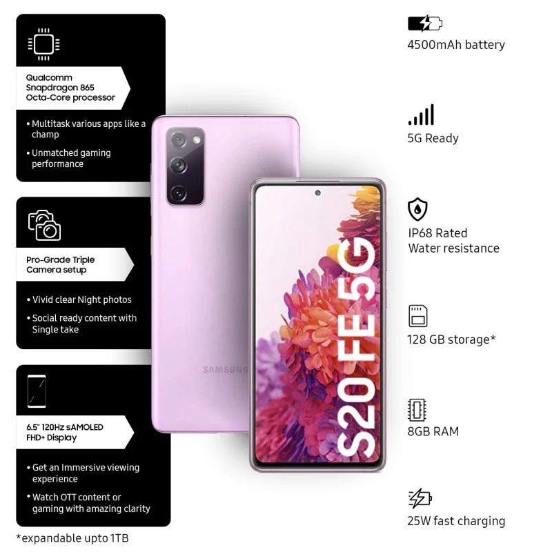 Samsung Galaxy S20 FE 5G (Cloud Lavender, 8GB RAM, 128GB Storage) (Seal Pack) Samsung Galaxy S20 FE 5G (Cloud Lavender, 8GB RAM, 128GB Storage) (Seal Pack)