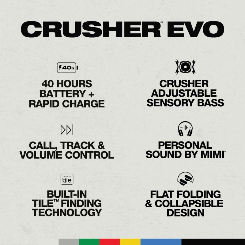 Skullcandy Crusher Evo Wireless Over_Ear Bluetooth Headphones with Microphone, for iPhone and Android, 40 Hour Battery Life, Extra Bass Tech - Bonus Line USB-C Cable -Black