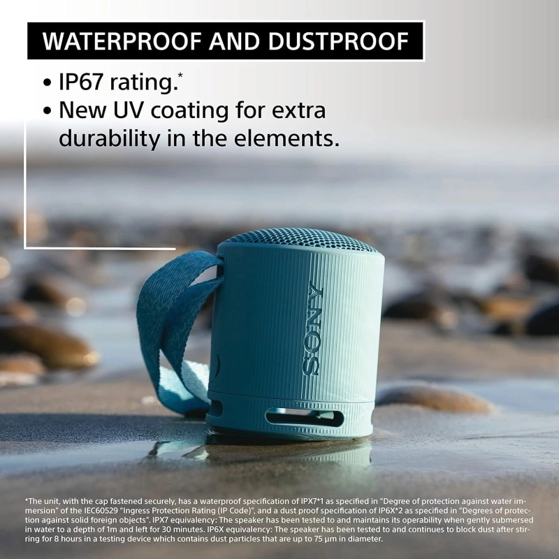 Sony SRS-XB100 Wireless Bluetooth Portable Lightweight Super-Compact Travel Speaker, Extra-Durable IP67 Waterproof & Dustproof, 16 Hrs Batt, Versatile Strap, Extra Bass & Hands-Free Calling-Blue