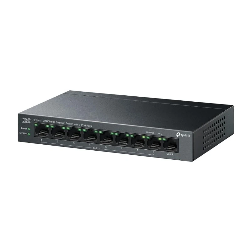 TP-Link LS109P 9-Port 10/100Mbps Desktop Ethernet Switch with 8-Port PoE+, 63 W PoE Budget, PoE Auto Recovery,Up to 250 m PoE Transmission, Plug & Play, Ideal for IP Surveillance & Network Security TP-Link LS109P 9-Port 10/100Mbps Desktop Ethernet Switch with 8-Port PoE+, 63 W PoE Budget, PoE Auto Recovery,Up to 250 m PoE Transmission, Plug & Play, Ideal for IP Surveillance & Network Security