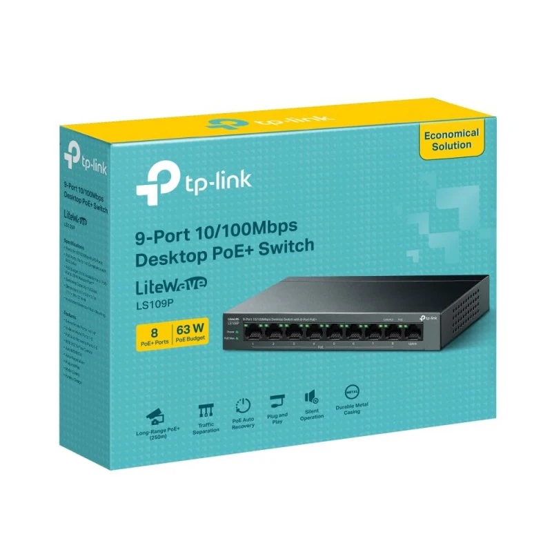 TP-Link LS109P 9-Port 10/100Mbps Desktop Ethernet Switch with 8-Port PoE+, 63 W PoE Budget, PoE Auto Recovery,Up to 250 m PoE Transmission, Plug & Play, Ideal for IP Surveillance & Network Security TP-Link LS109P 9-Port 10/100Mbps Desktop Ethernet Switch with 8-Port PoE+, 63 W PoE Budget, PoE Auto Recovery,Up to 250 m PoE Transmission, Plug & Play, Ideal for IP Surveillance & Network Security