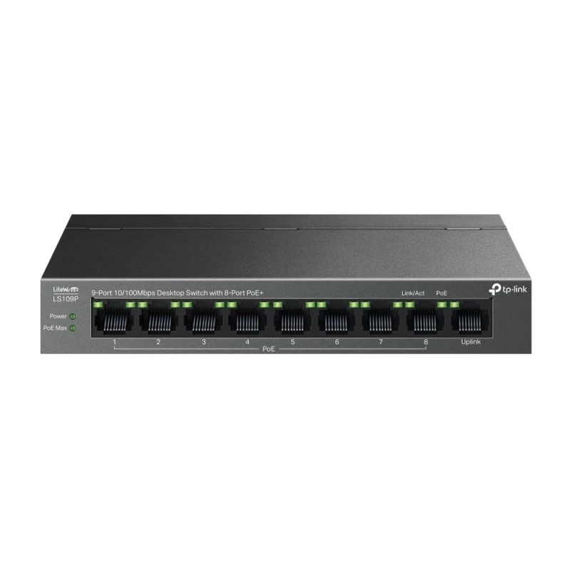 TP-Link LS109P 9-Port 10/100Mbps Desktop Ethernet Switch with 8-Port PoE+, 63 W PoE Budget, PoE Auto Recovery,Up to 250 m PoE Transmission, Plug & Play, Ideal for IP Surveillance & Network Security TP-Link LS109P 9-Port 10/100Mbps Desktop Ethernet Switch with 8-Port PoE+, 63 W PoE Budget, PoE Auto Recovery,Up to 250 m PoE Transmission, Plug & Play, Ideal for IP Surveillance & Network Security