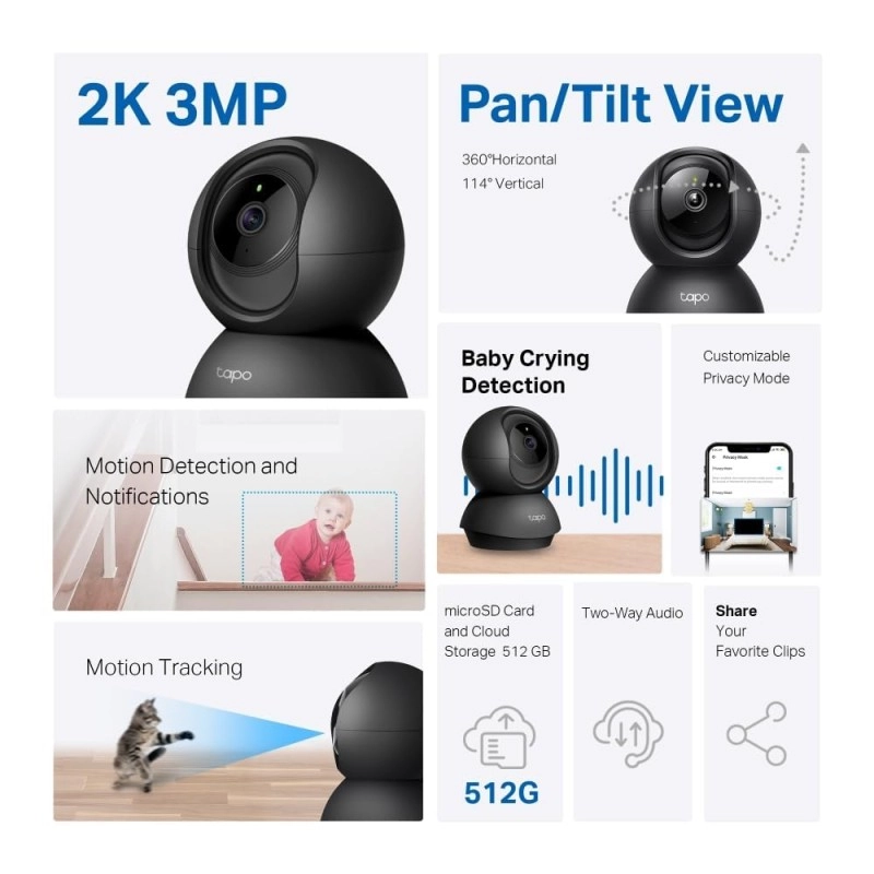 Tapo TP-Link C210P2 360° 3MP 2K 2304 Full HD 1296P Video Pan/Tilt Smart Wi-Fi Security Camera | Alexa Enabled | 2-Way Audio| Night Vision| Motion Detection | Indoor CCTV | Pack of 2,White