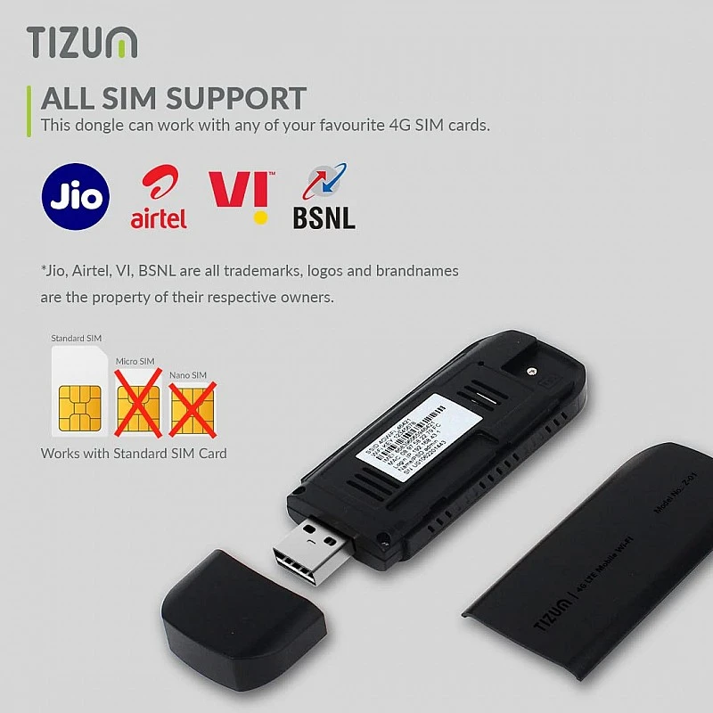 Tizum 4G Fast LTE Wireless USB Single Band Dongle Stick with All SIM Network Support Black Tizum 4G Fast LTE Wireless USB Single Band Dongle Stick with All SIM Network Support Black